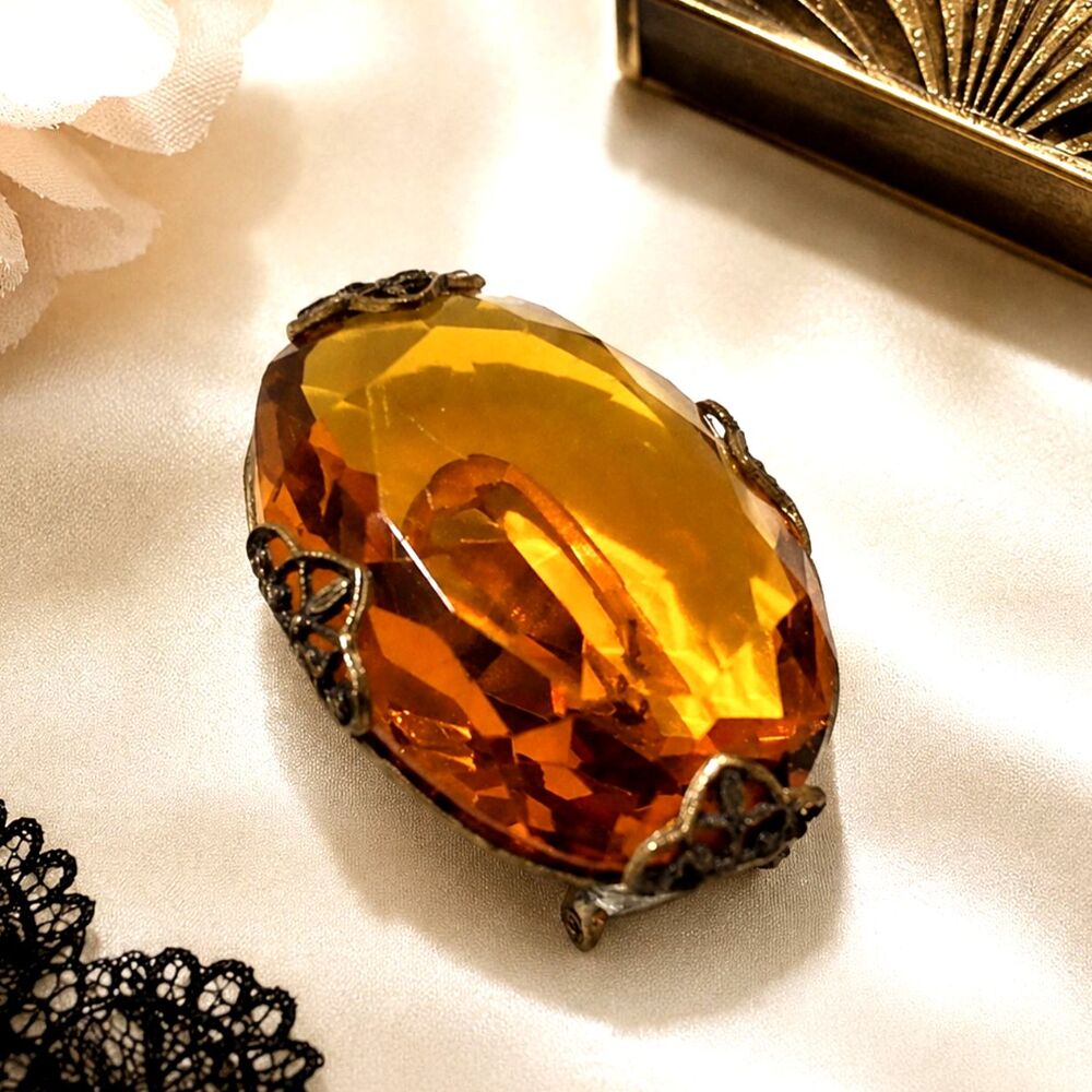 Vintage Art Deco Faceted Glass Dress Clip Large Oval Statement Brooch